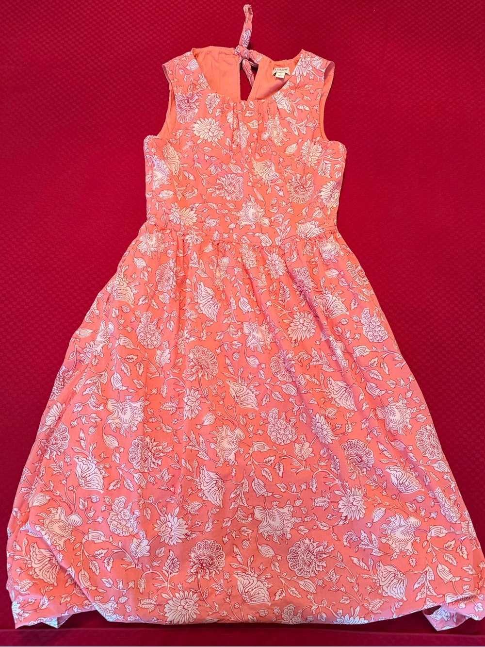 J. Crew Coral Floral Sleeveless Cotton High Neck Midi Dress with Side Pockets